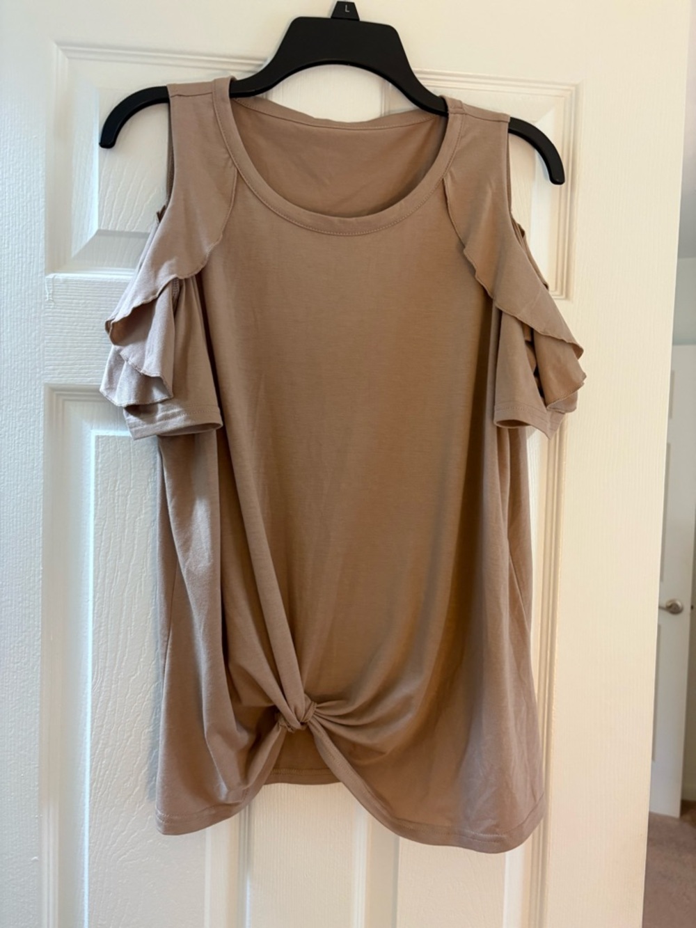 SHEIN Taupe Cold-Shoulder Ruffle Knot Front Tee